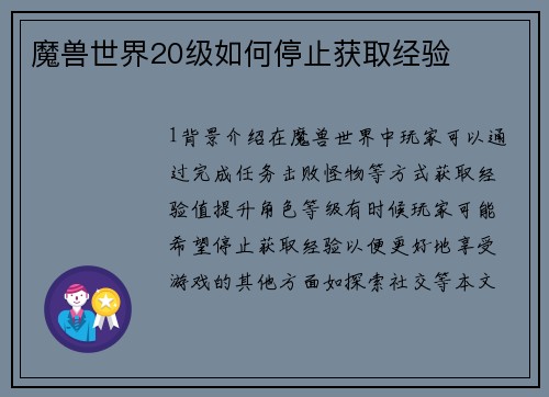 魔兽世界20级如何停止获取经验